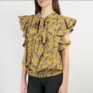 BALENCIAGA Mustard Paisley print blouse Ruffle Sleeves Tie Neck size 36 FR Small